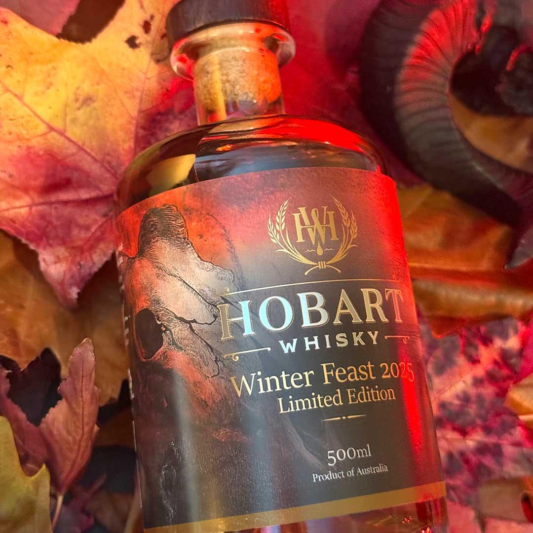 Hobart Whisky Labels Product Shot in front of Maple Leaves.
